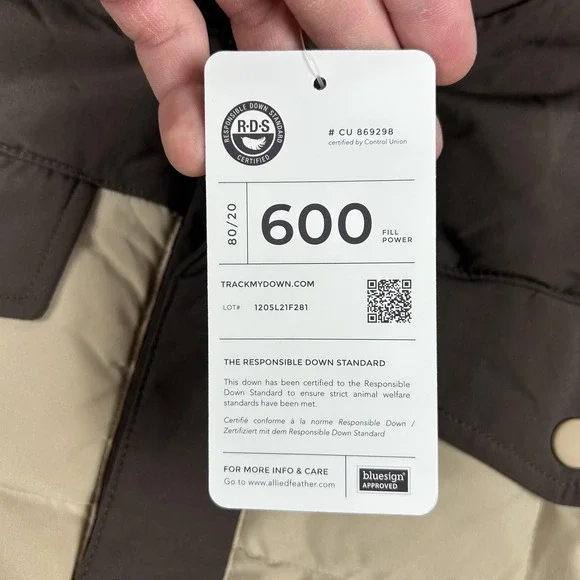 Lands' End Down Puffer Jacket Mens Large Tan Brown‎ 600 Fill Quilted Snap Front